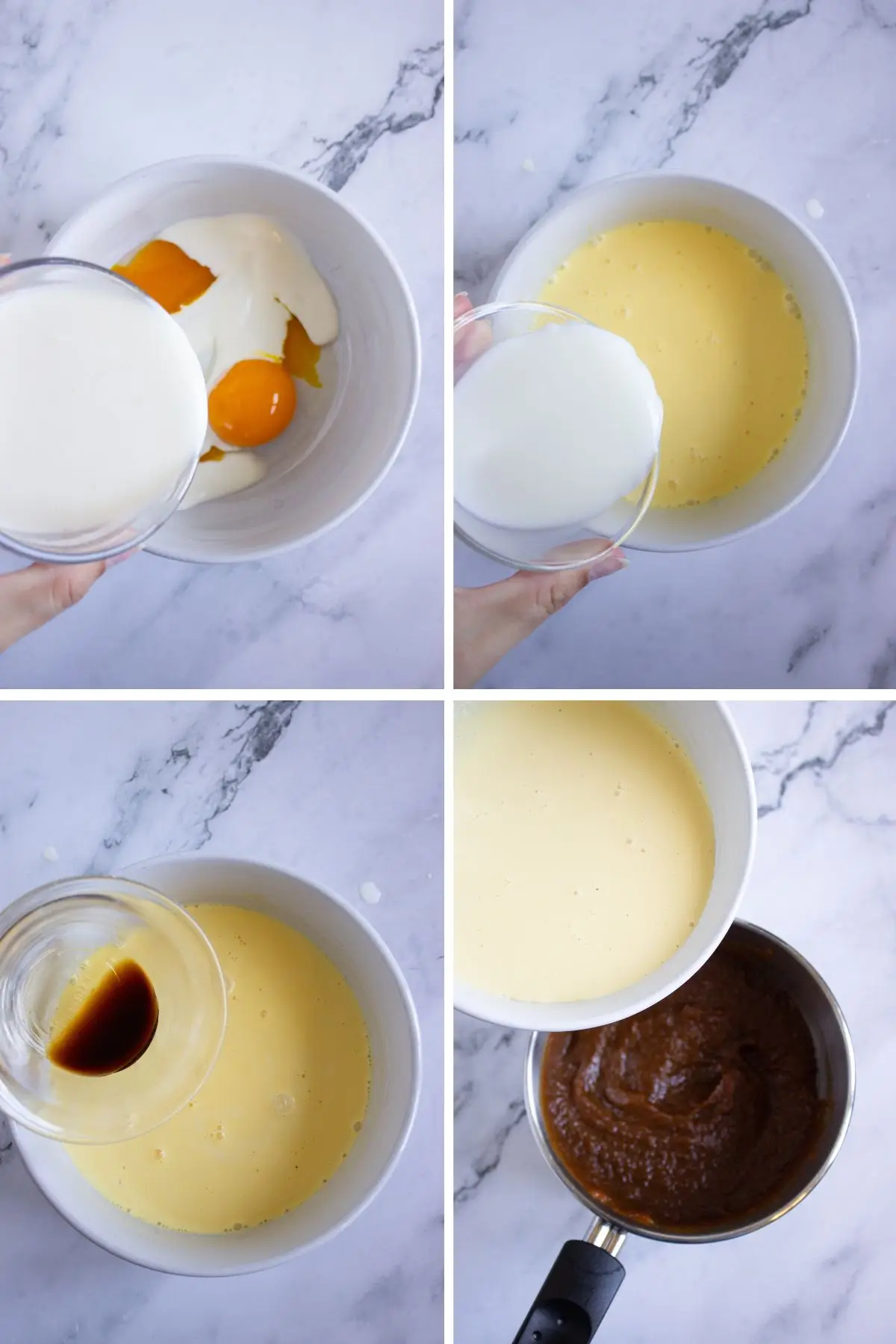 Step-by-step recipe for pumpkin tarts mixing eggs, cream, milk, and vanilla for a rich creme brulee dessert custard.