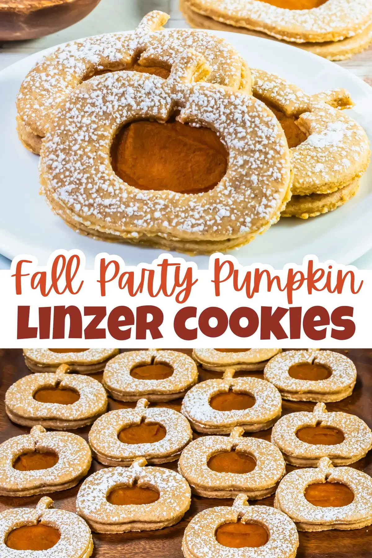 The Bestest Pumpkin Linzer Cookies Pumpkin-shaped Linzer cookies with pumpkin filling, powdered sugar