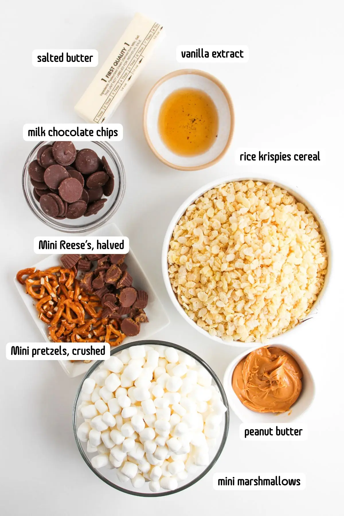 Chocolate Peanut Butter Rice Krispy Treats Peanut butter Rice Krispies treat ingredients: chocolate chips, mini marshmallows, pretzels