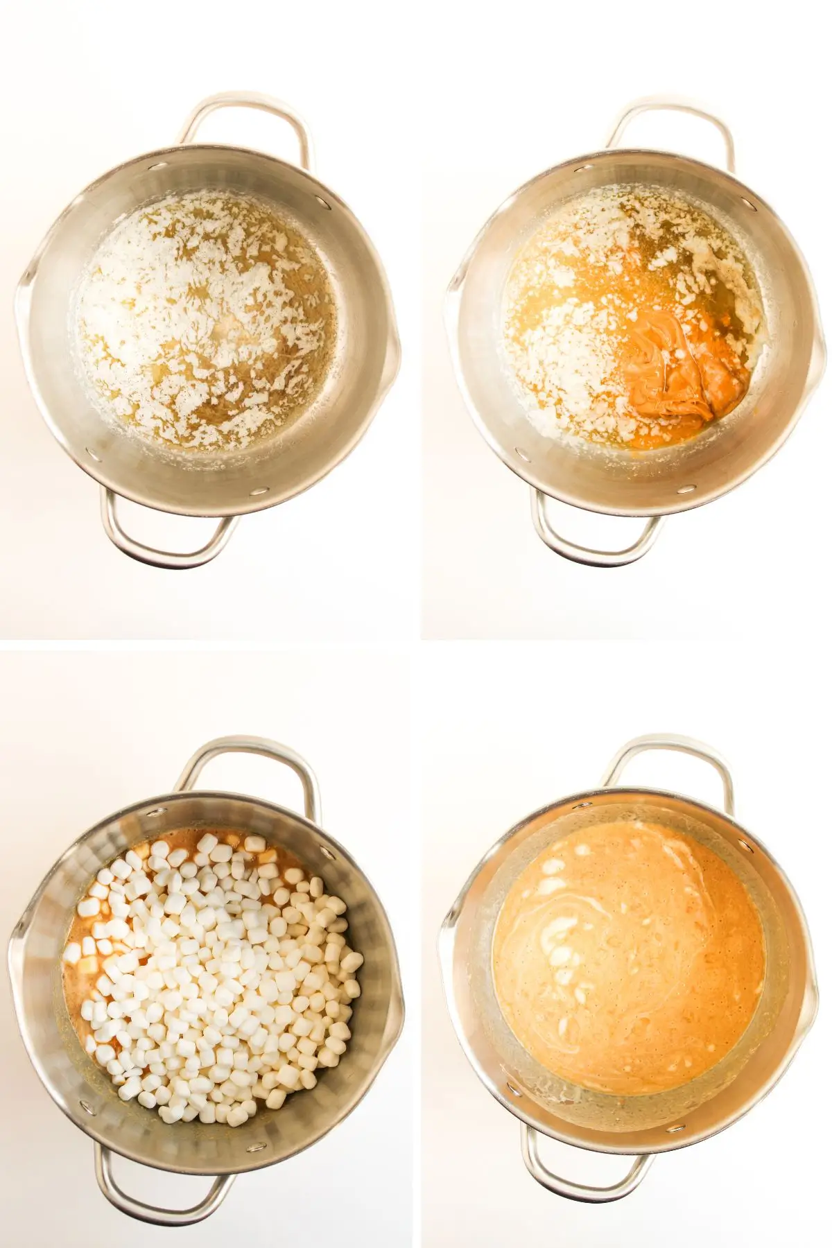 Chocolate Peanut Butter Rice Krispy Treats Melting butter, peanut butter, and marshmallows in a saucepan for cereal treats