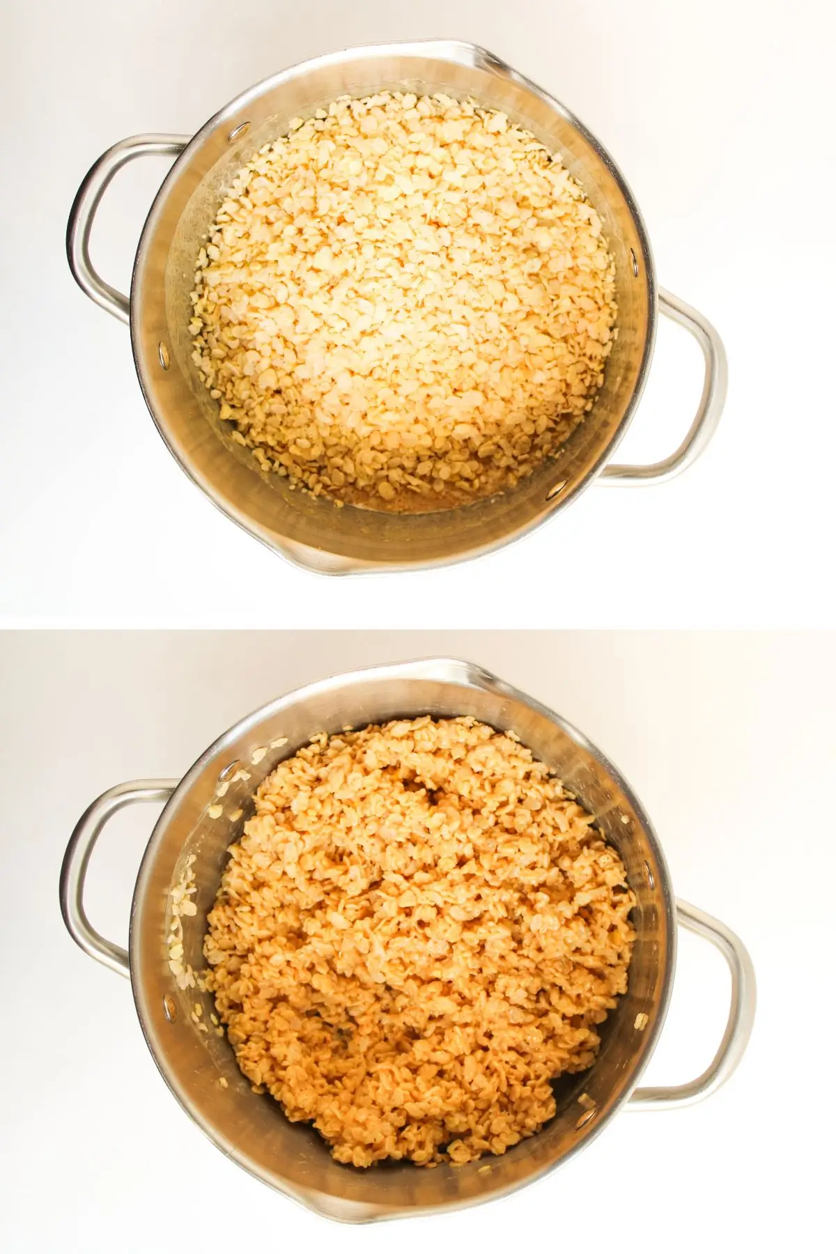 Chocolate Peanut Butter Rice Krispy Treats Raw vs cooked brown rice in a large stainless steel pot