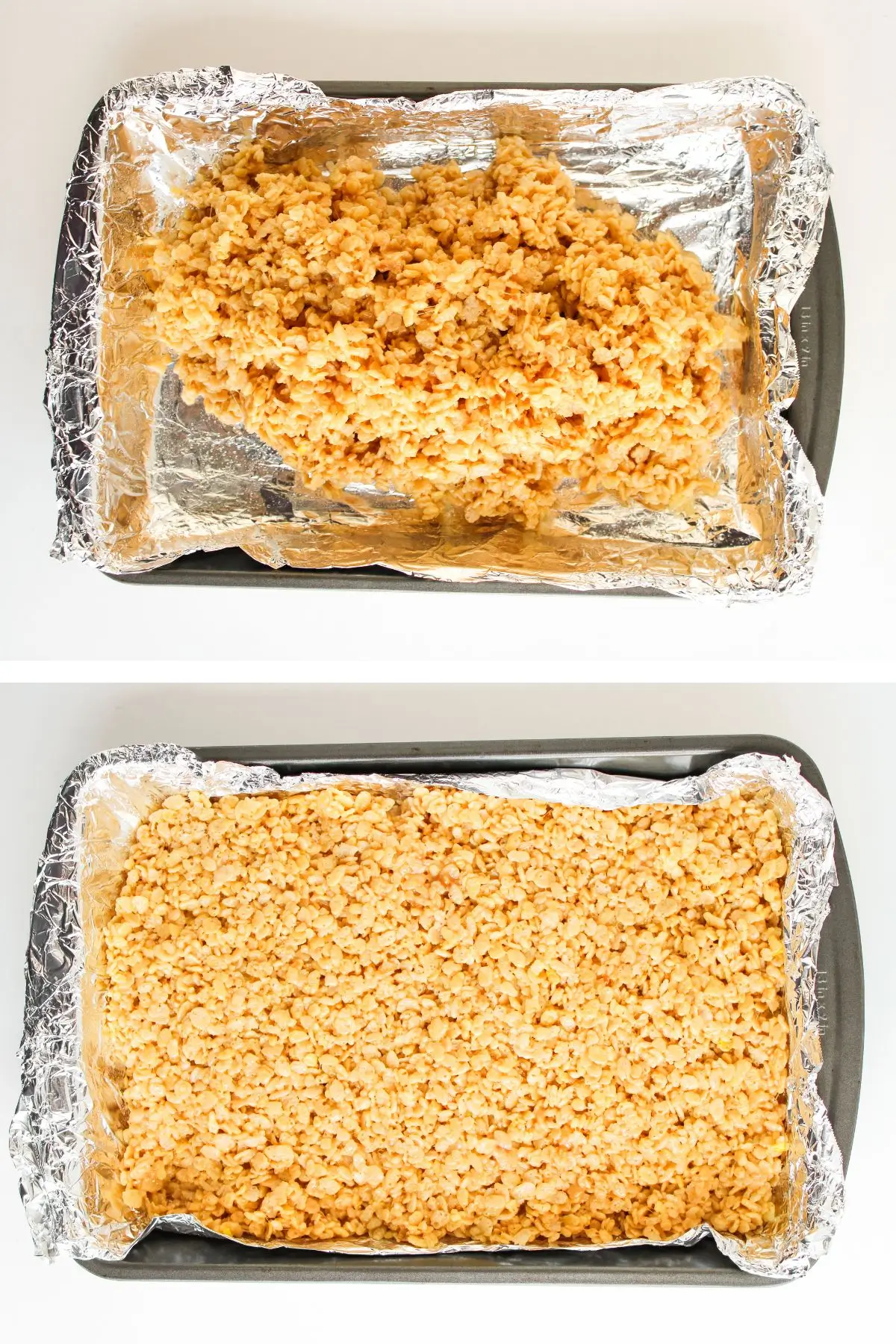 Chocolate Peanut Butter Rice Krispy Treats Rice Krispies treat mixture in foil-lined pan before and after pressing