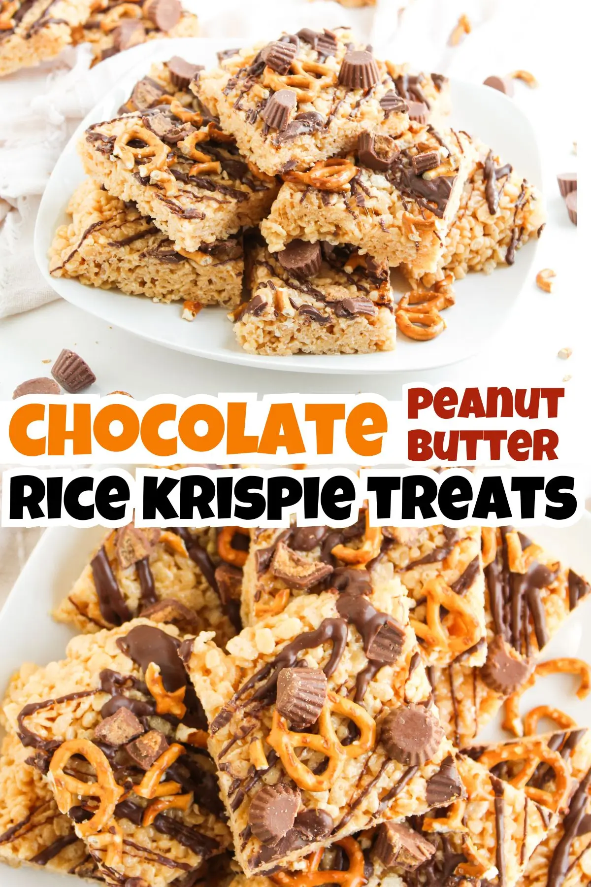 Chocolate Peanut Butter Rice Krispy Treats Chocolate peanut butter Rice Krispie treats with pretzels and mini cups