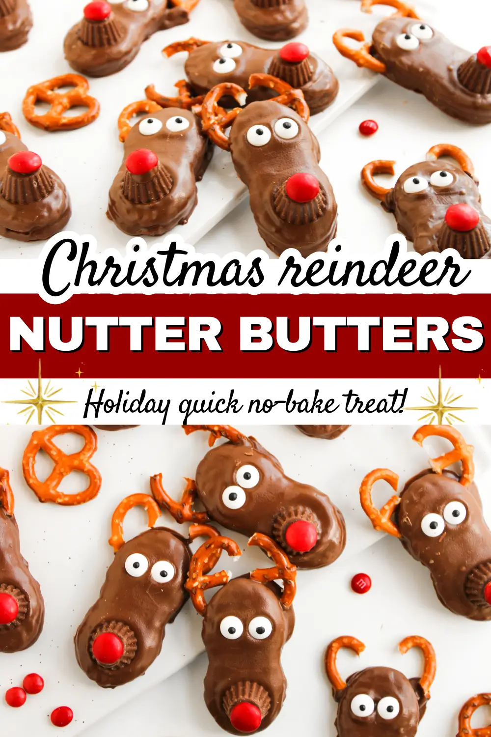 Reindeer Nutter Butter Cookies Christmas reindeer Nutter Butter cookies with chocolate dip, pretzel antlers, red candy noses