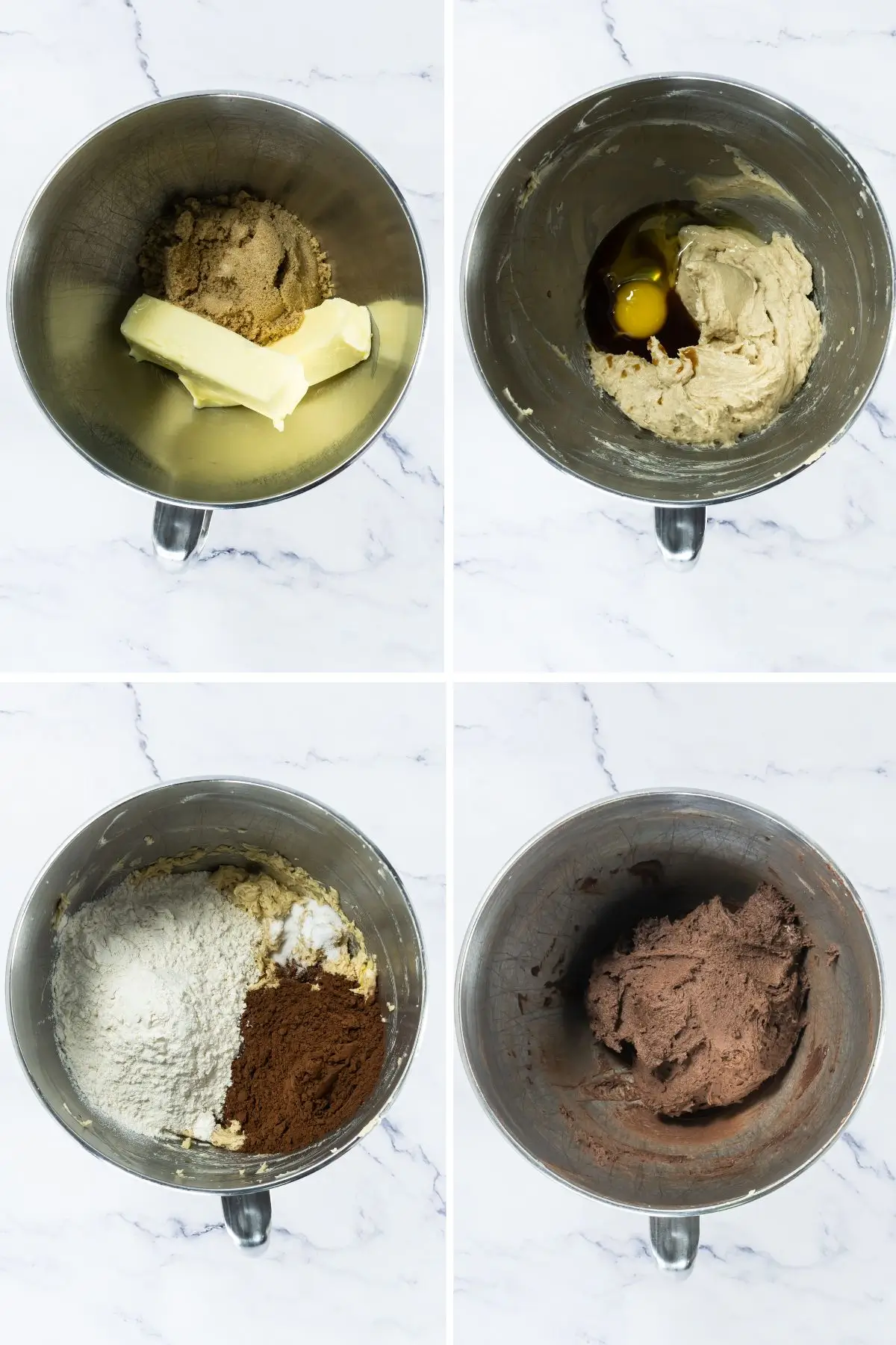Step-by-step mixing chocolate cookie dough in a stand mixer bowl