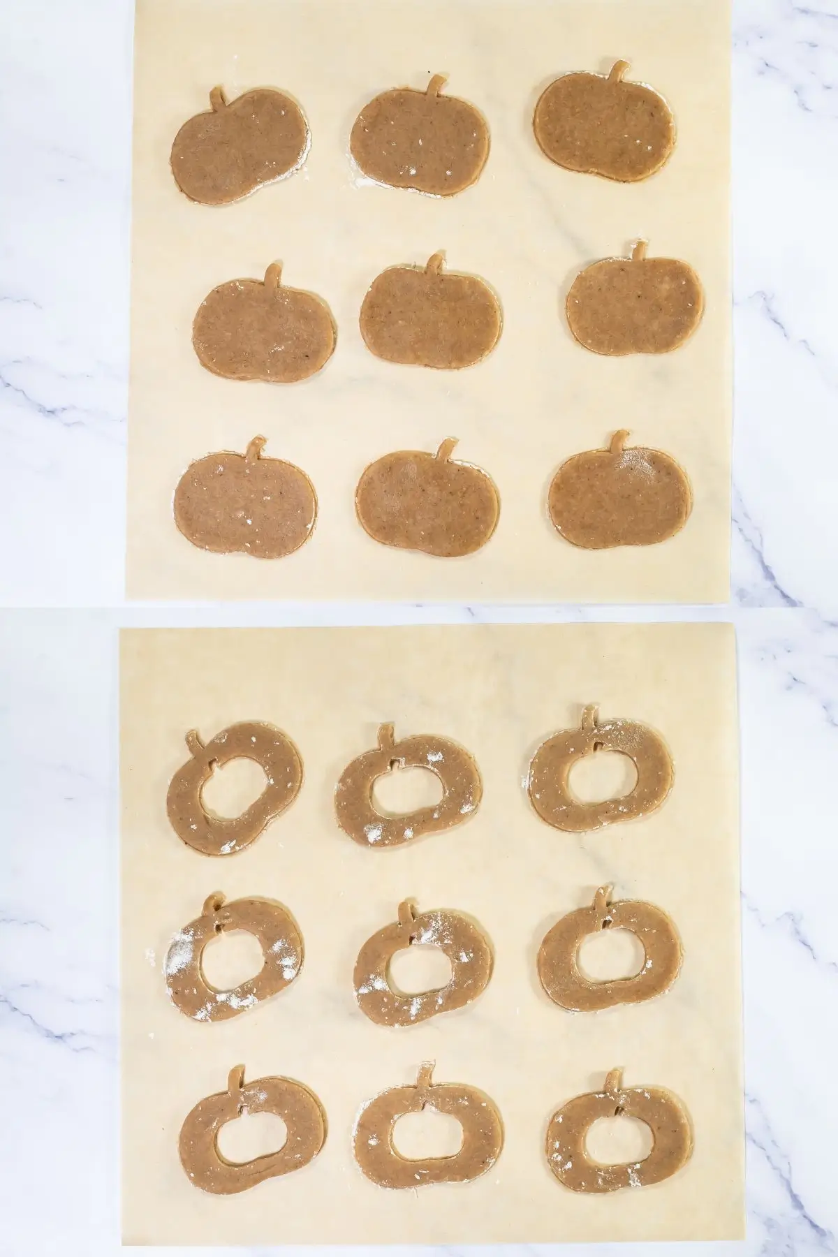 The Bestest Pumpkin Linzer Cookies Pumpkin-shaped cookie dough cutouts on parchment, before baking