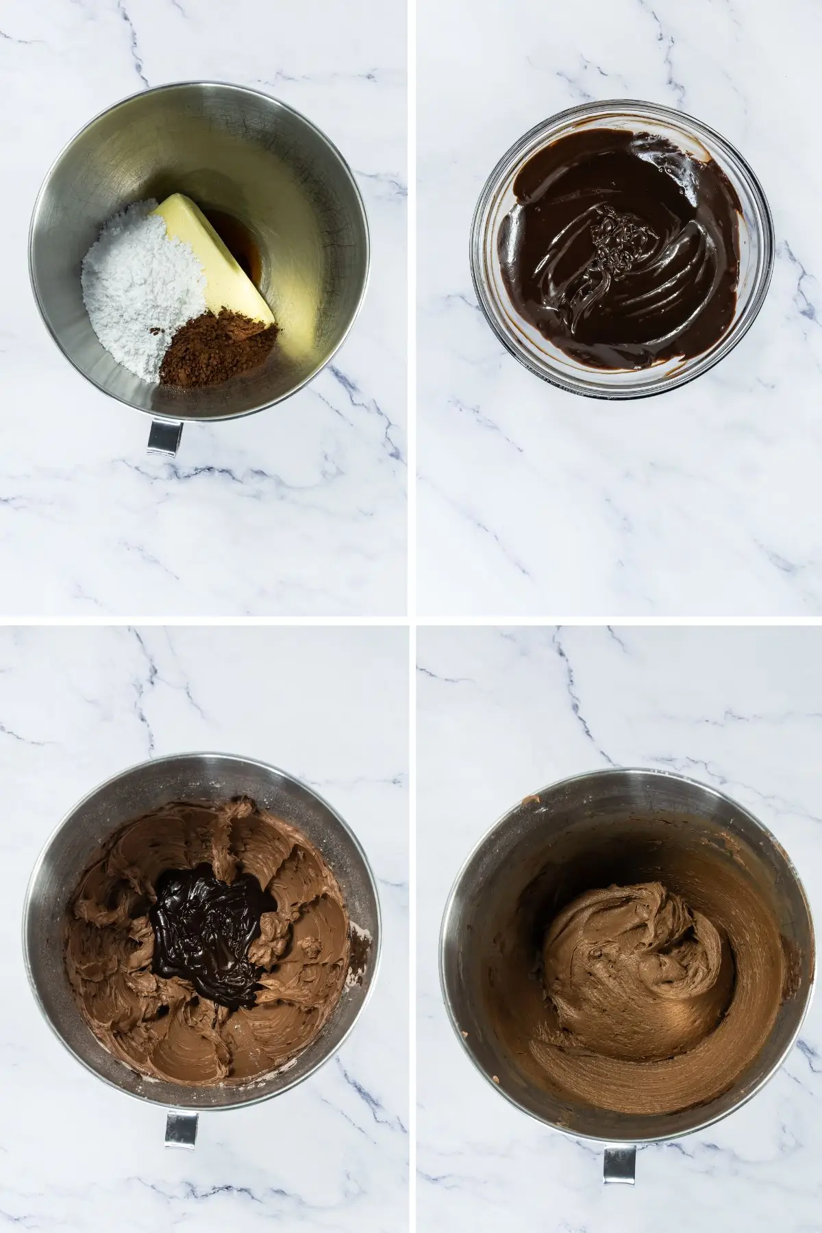 Step-by-step collage showing how to make chocolate buttercream frosting