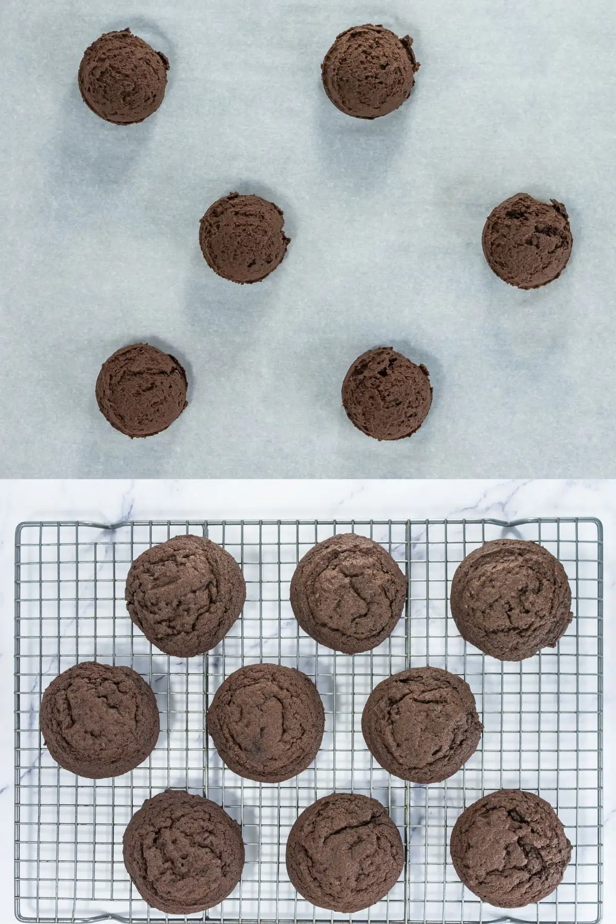 Chocolate cookie dough scoops on parchment and cookies on cooling rack