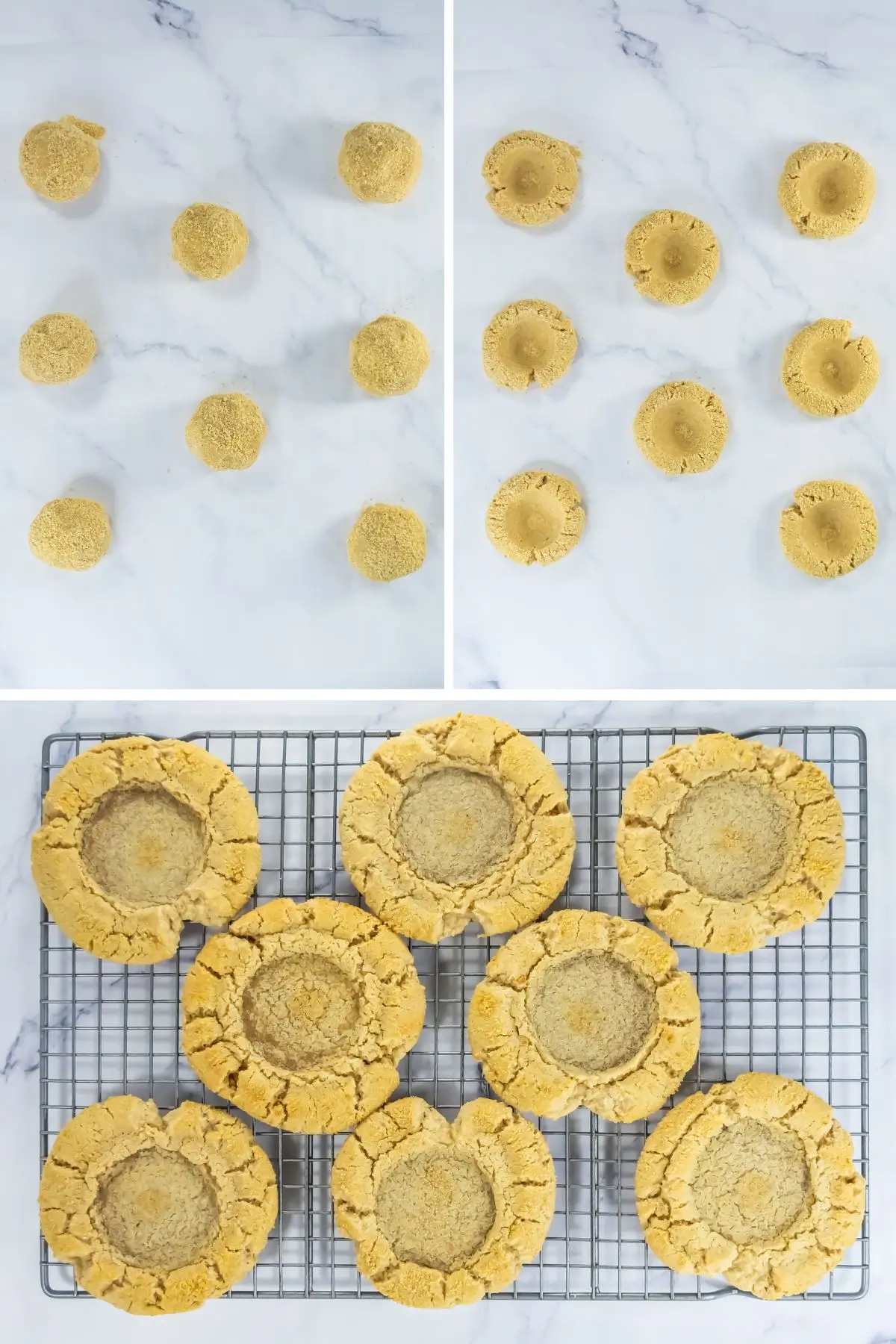 Key Lime Pie Cookies Inspired by Crumble Cookie dough balls, pressed thumbprints, baked cookies on cooling rack