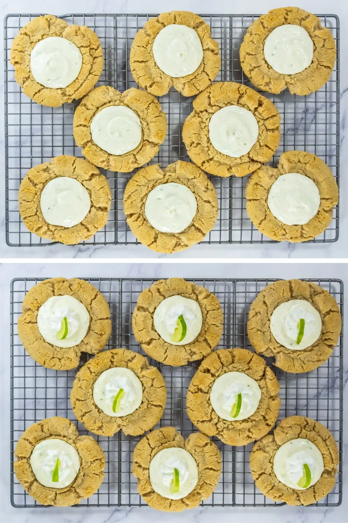 Key Lime Pie Cookies Inspired by Crumble Key lime pie cookies with creamy lime filling on wire cooling racks