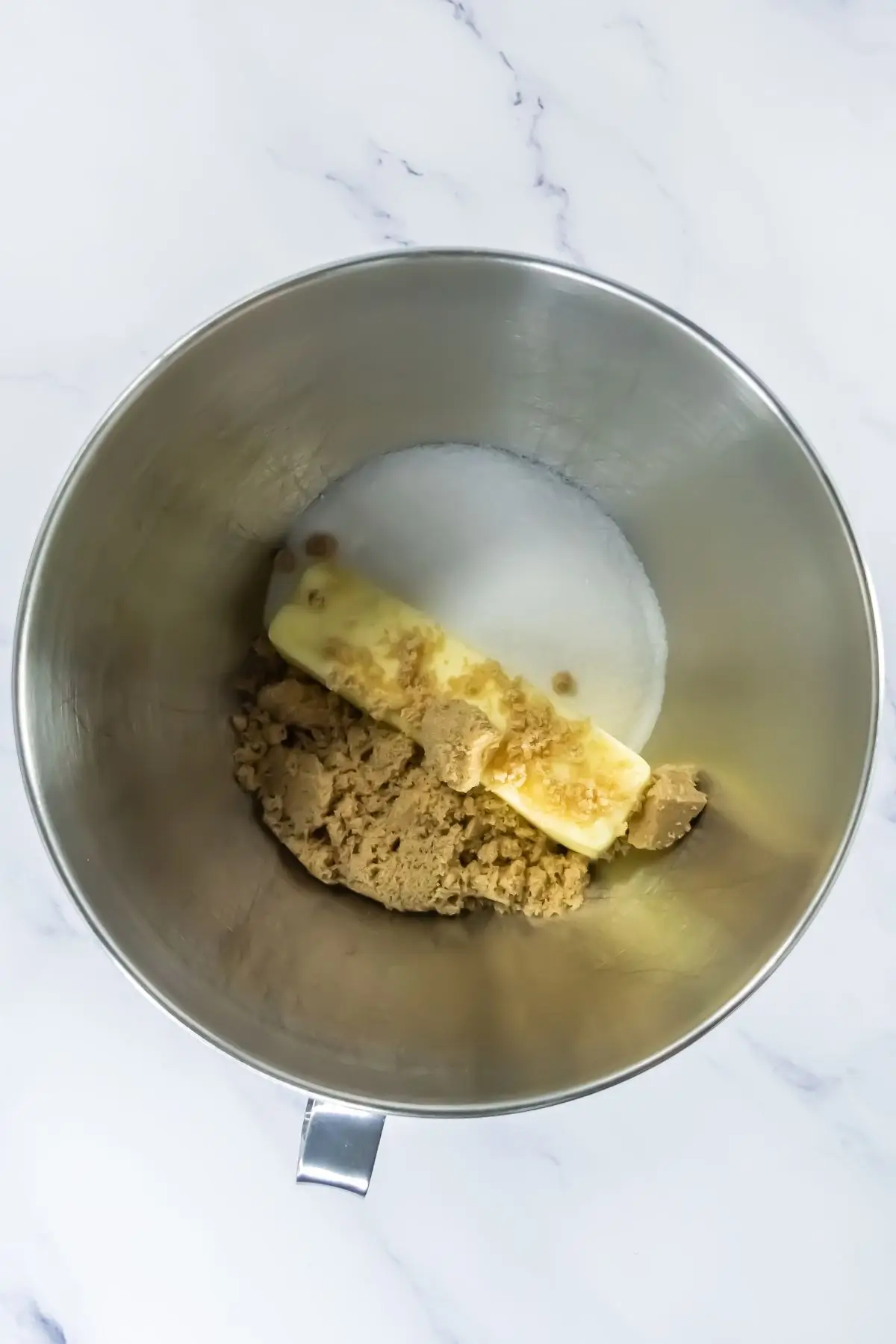 Key Lime Pie Cookies Inspired by Crumble Butter, brown sugar, and white sugar in a stand mixer bowl for cookies