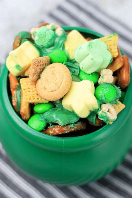 Leprechaun Bait on a napkin in a green cauldron.