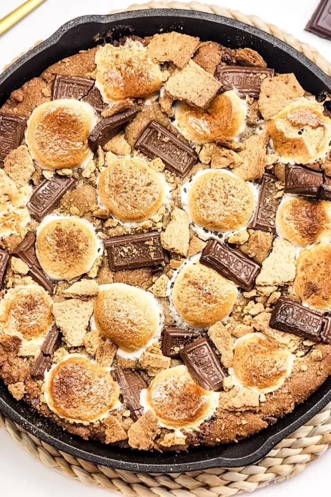 Cast-iron skillet s'mores cookie with toasted marshmallows, graham cracker pieces, and Hershey chocolate chunks