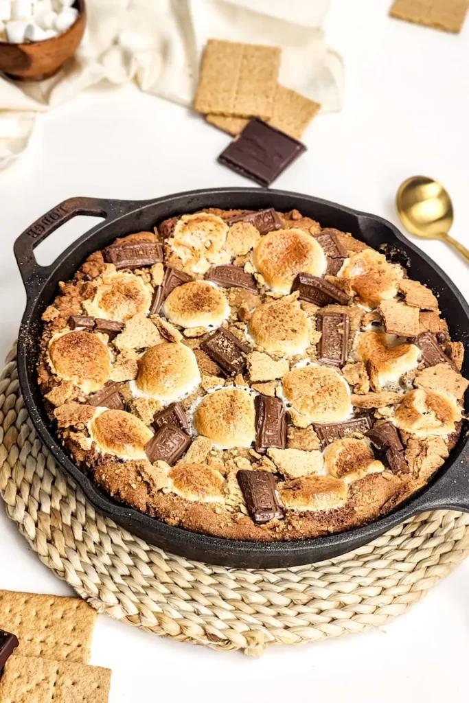 Skillet s'mores cookie with toasted marshmallows, graham crackers and chocolate in cast iron pan