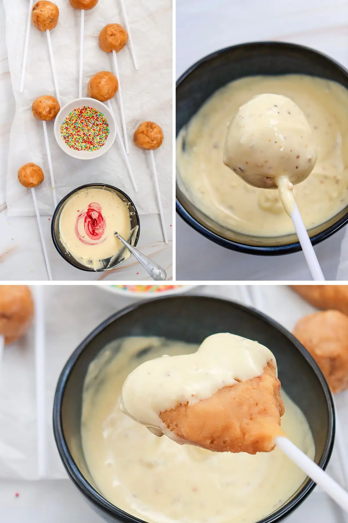 Homemade cake pops on sticks dipped in white chocolate coating, with sprinkles