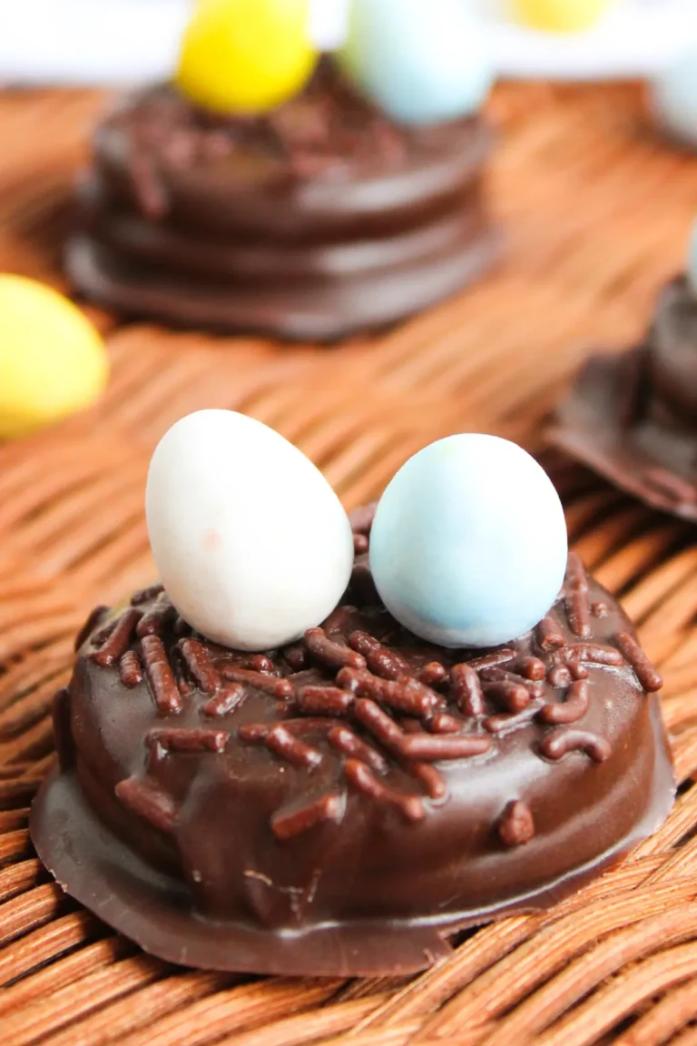 Chocolate-covered cookie nest topped with chocolate sprinkles and pastel candy eggs for Easter