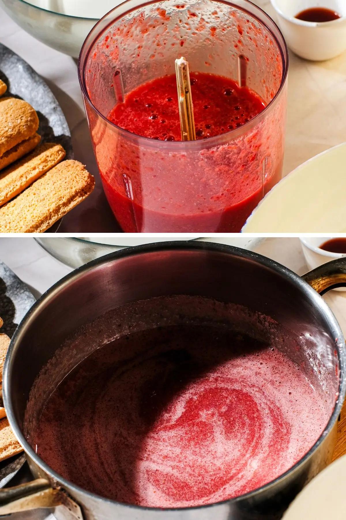 Berry purée being blended and simmered into coulis, with ladyfinger biscuits nearby.
