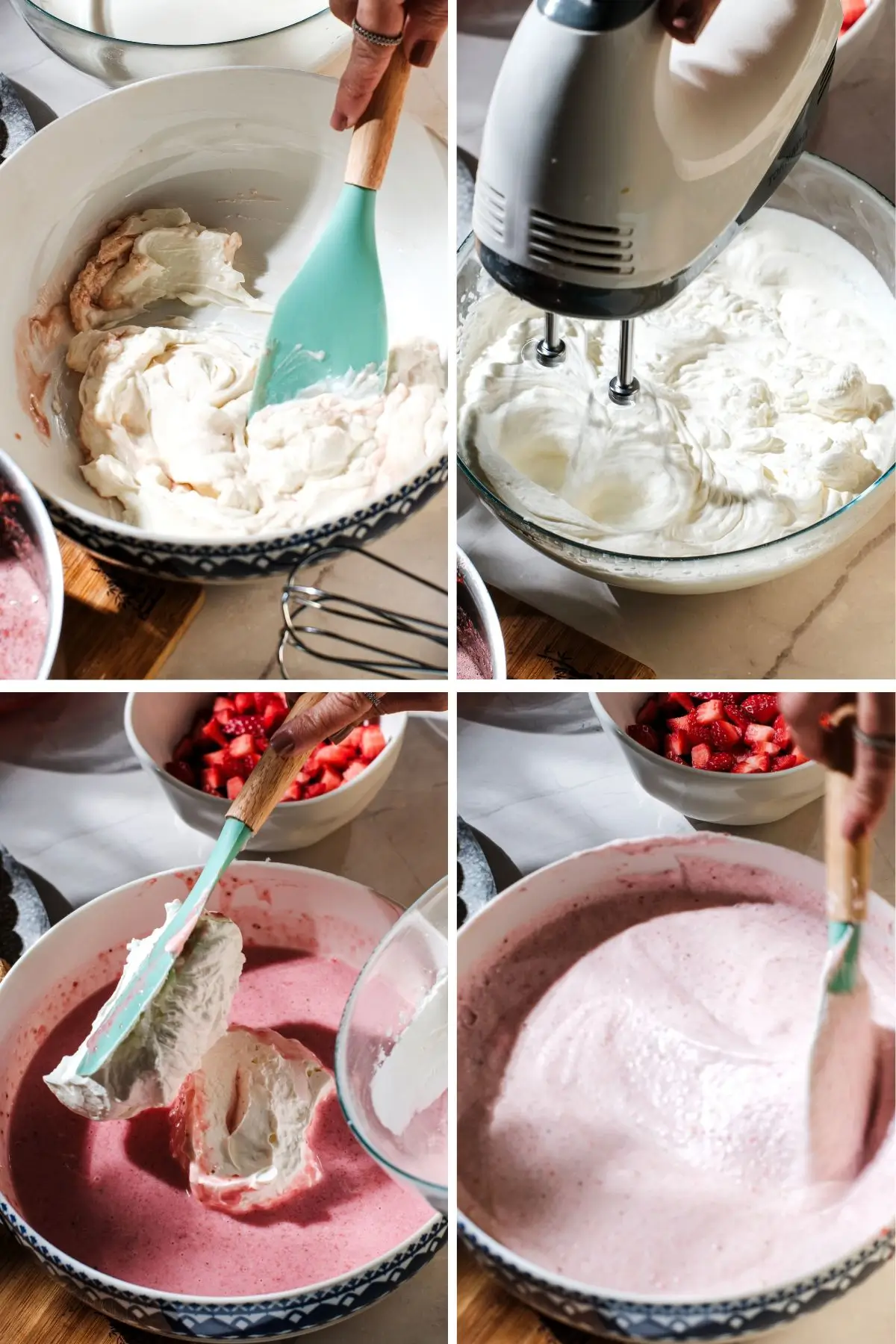 Step-by-step collage showing whipped cream being mixed into strawberry mousse.