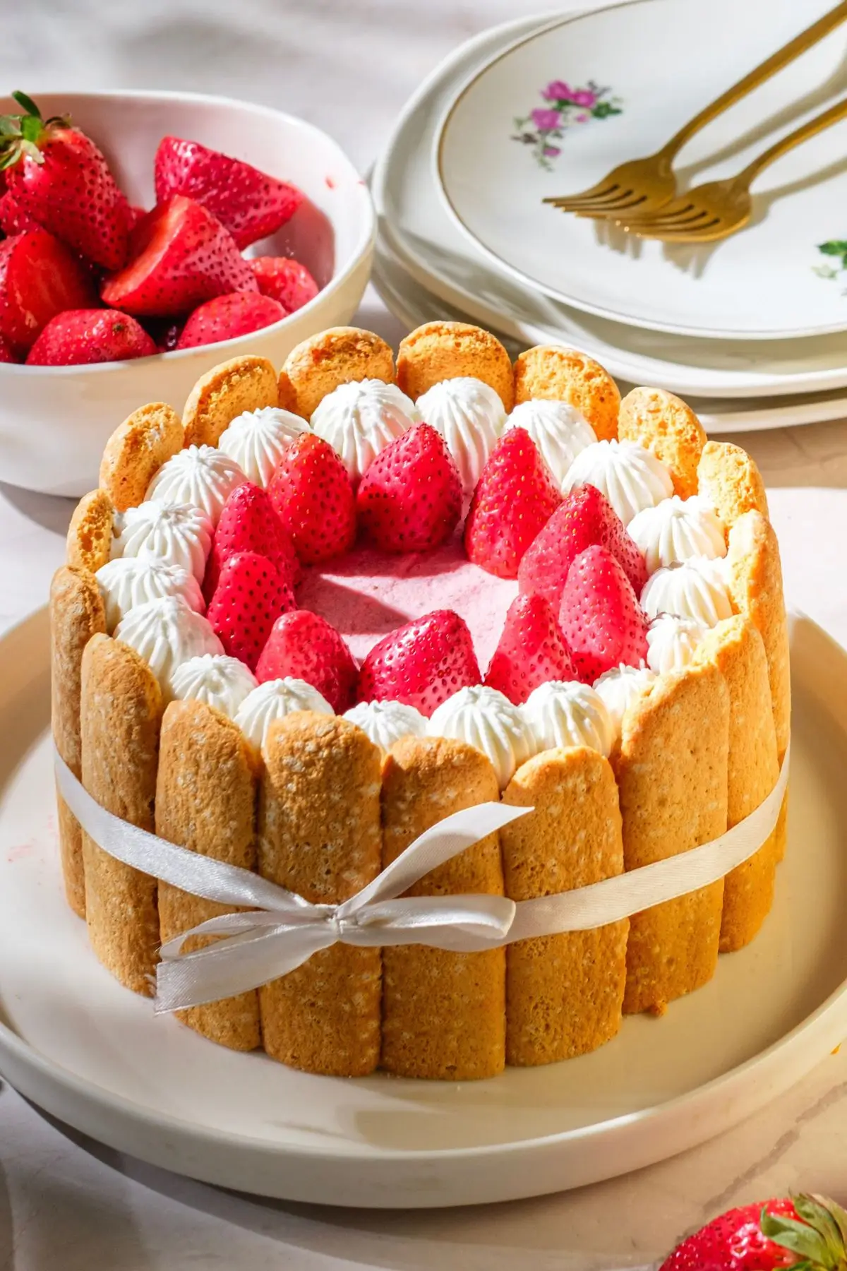Strawberry charlotte cake wrapped in ladyfingers, topped with whipped cream and fresh strawberries
