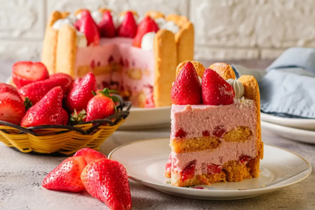 No-bake strawberry charlotte cake slice with ladyfingers and fresh berries on a plate