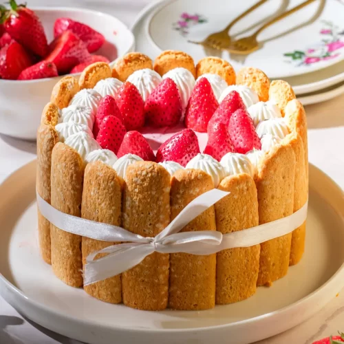 Strawberry charlotte cake dessert with ladyfingers, whipped cream swirls, tied with ribbon on plate