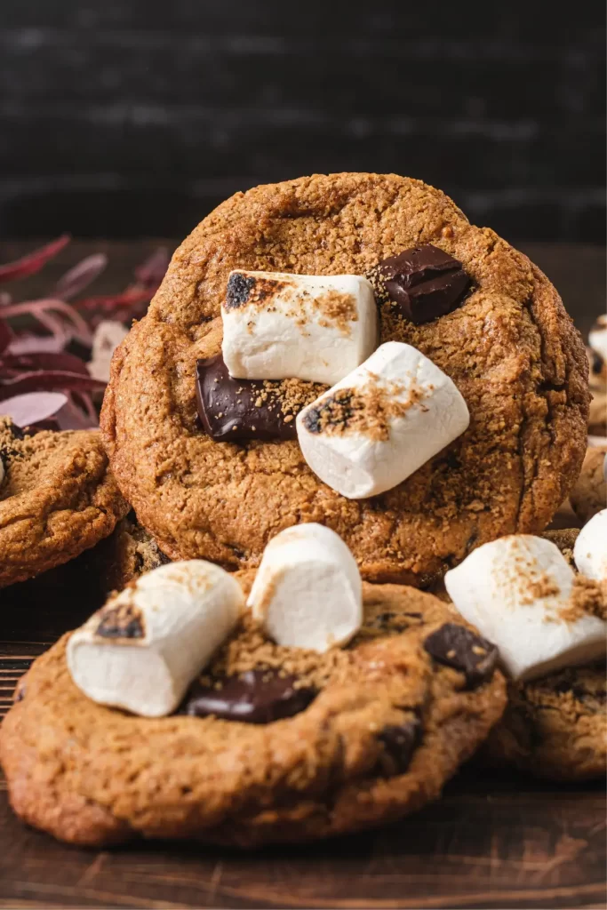 Close-up of gooey s'mores cookies with toasted marshmallows and dark chocolate chunks
