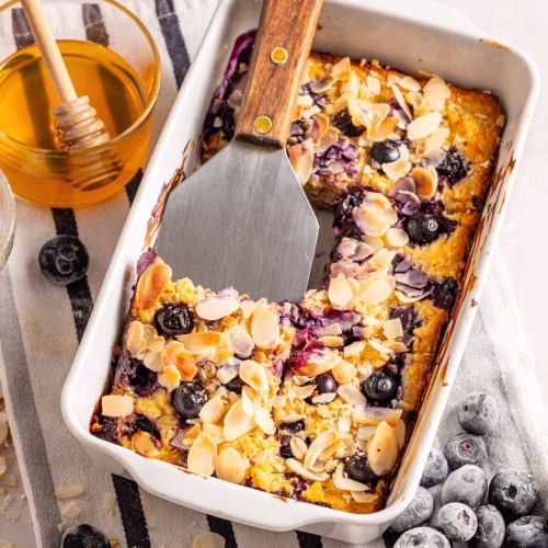cortage cheese blueberries and almonds baked and sliced for breakfast or brunch