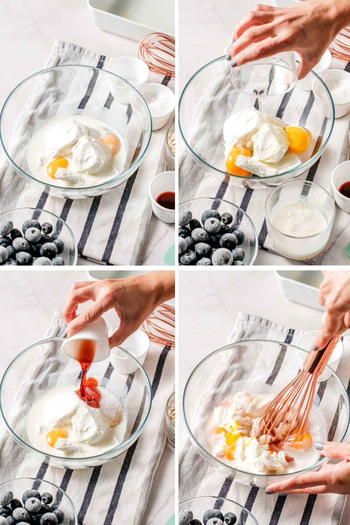 Collage showing eggs, yogurt, milk, sugar, and vanilla being whisked into batter for a blueberry dessert