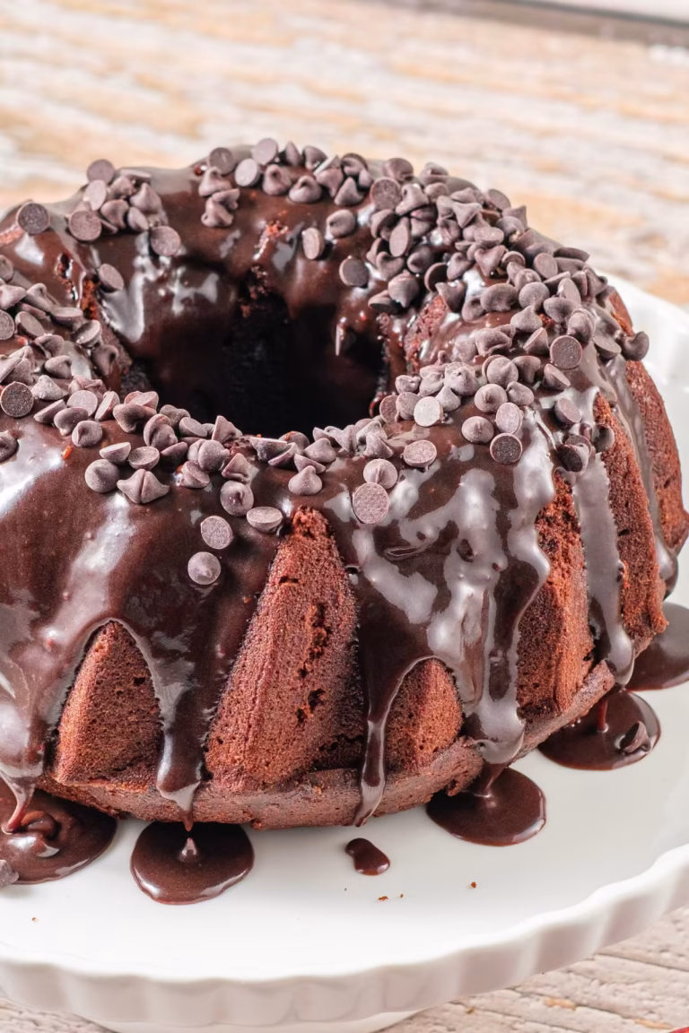 Homemade sour cream bundt cake with deep chocolate flavor, glossy glaze, and extra chocolate chips on top