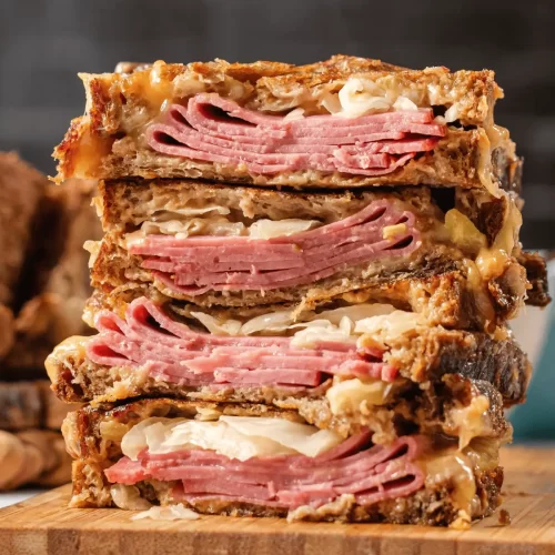 Stacked Reuben sandwich with corned beef, sauerkraut, Swiss cheese on toasted rye