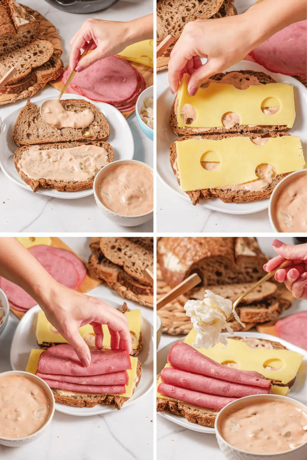 Step-by-step collage assembling a Reuben sandwich with rye bread, Russian dressing, Swiss cheese, deli meat, and sauerkraut.
