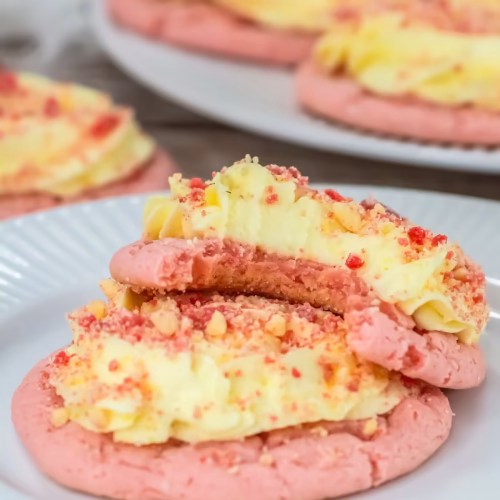 strawberry shortcake crumbl style cookies with creamcheese frosting