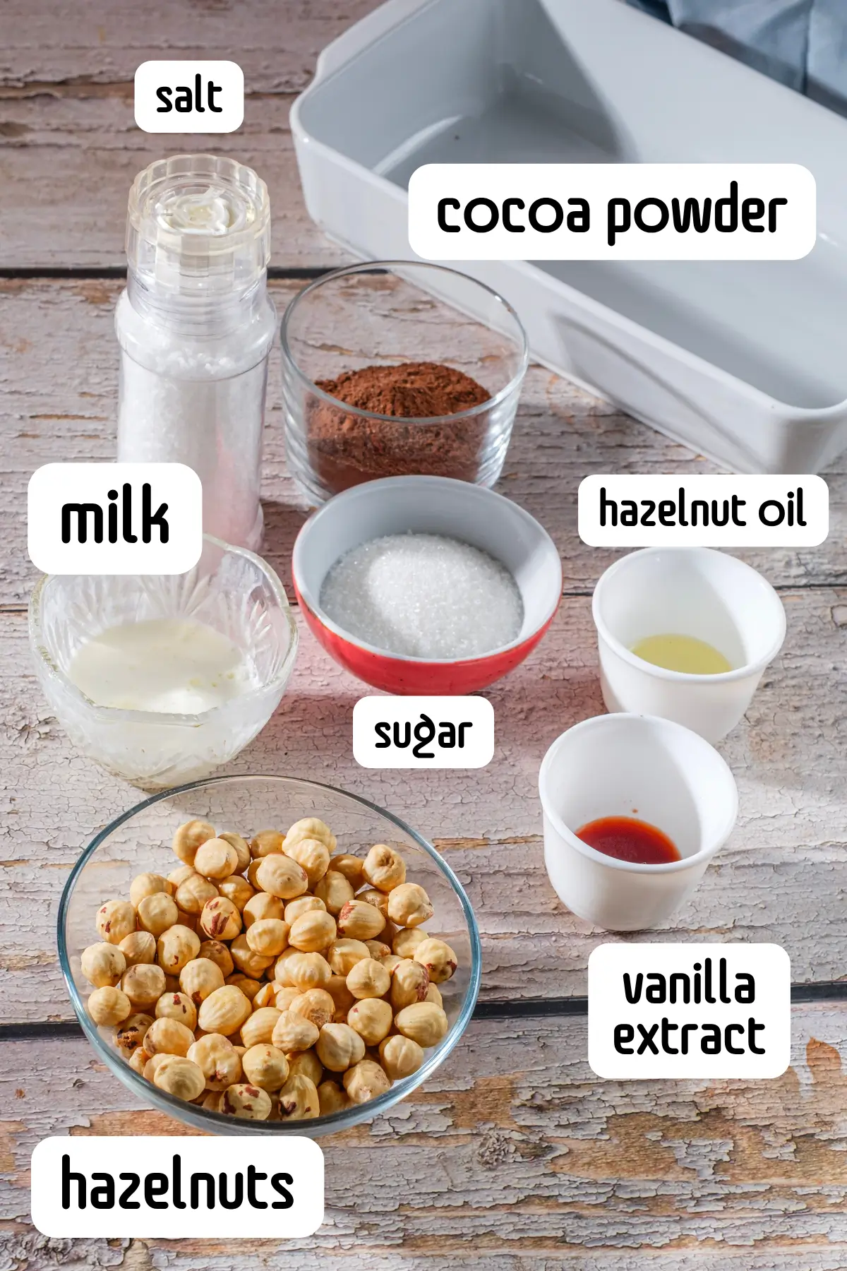 Ingredients for homemade chocolate hazelnut spread: hazelnuts, cocoa powder, milk, sugar, vanilla extract, hazelnut oil, salt