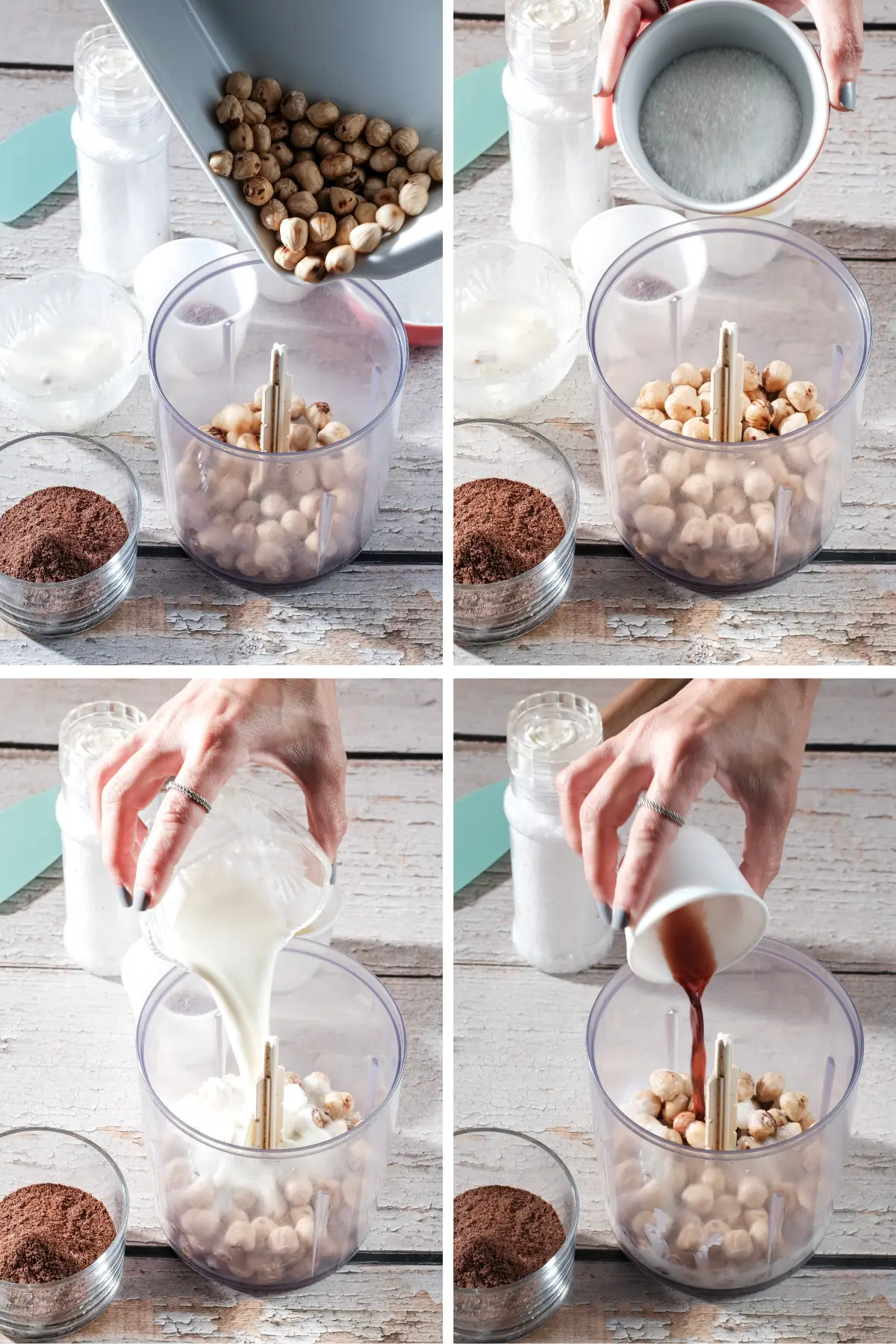 How to make homemade hazelnut chocolate spread: nuts, sugar, milk, and cocoa in food processor.