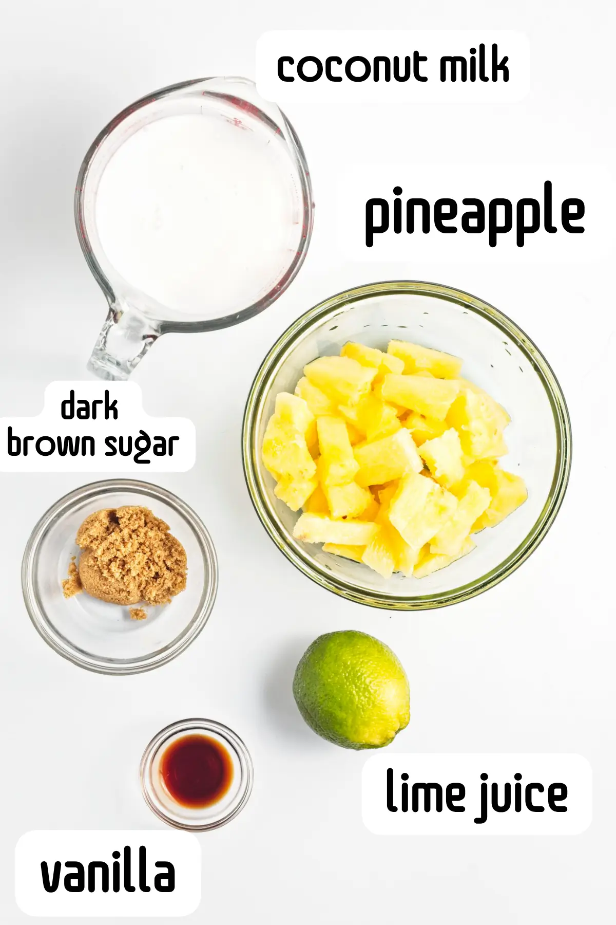 Coconut milk, pineapple, dark brown sugar, lime juice, and vanilla for pina colada popsicles