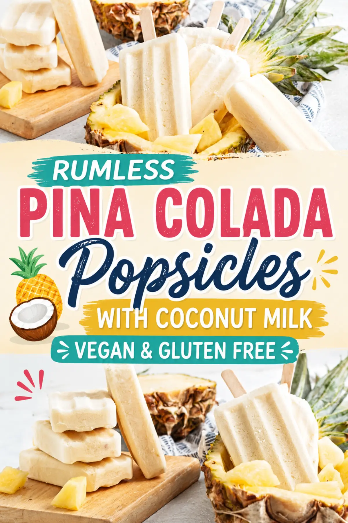 Pinterest image for rumless pina colada popsicles with coconut milk