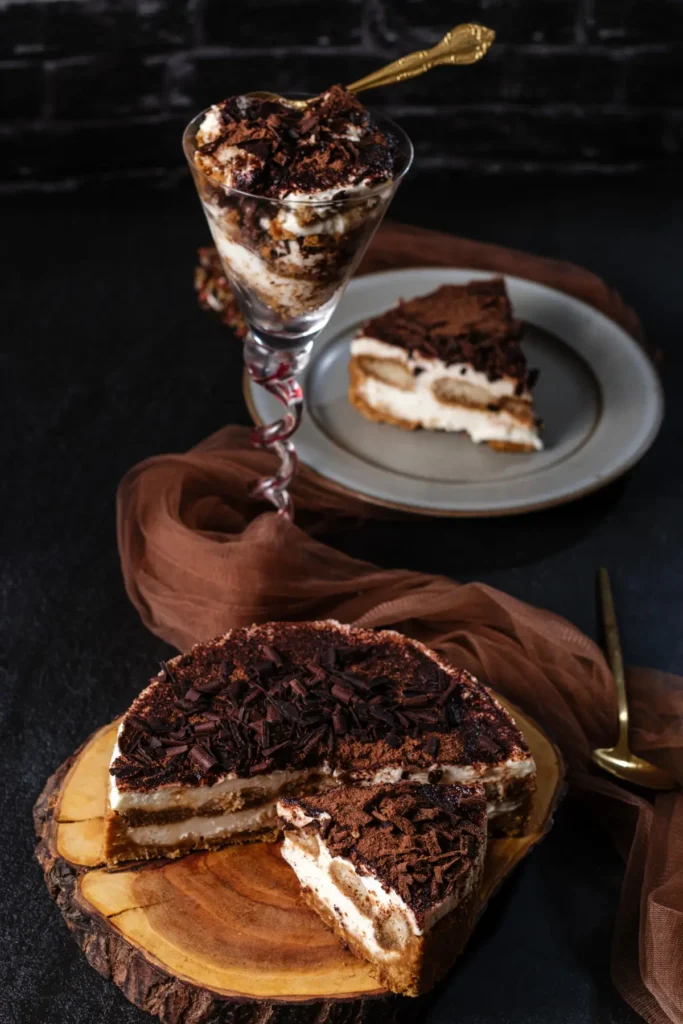 Italian tiramisu with cocoa and chocolate shavings, cake slice and parfait glass on dark backdrop