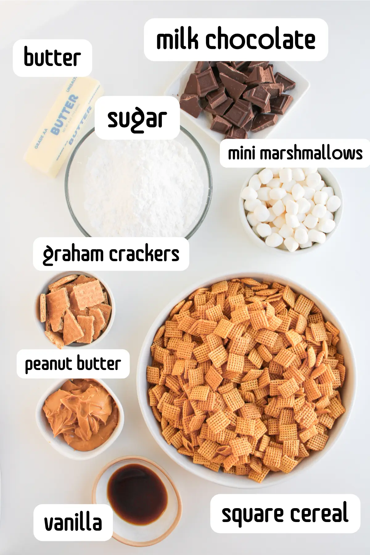 S’mores Muddy Buddies Recipe (S’mores Puppy Chow) Ingredients for S'mores muddy buddies including cereal, chocolate, peanut butter, marshmallows, graham crackers, and powdered sugar