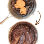 S’mores Muddy Buddies Recipe (S’mores Puppy Chow) Chocolate, peanut butter, and butter melted in a saucepan