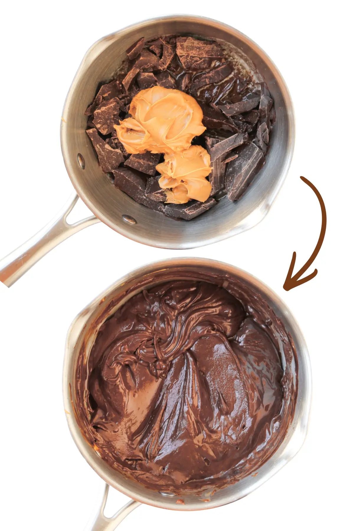 S’mores Muddy Buddies Recipe (S’mores Puppy Chow) Chocolate, peanut butter, and butter melted in a saucepan