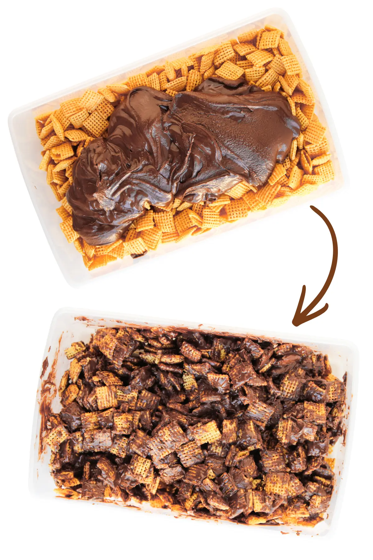 S’mores Muddy Buddies Recipe (S’mores Puppy Chow) Chocolate peanut butter mixture poured over cereal for muddy buddies