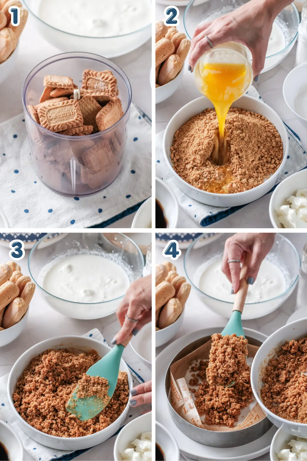 Step-by-step collage of making a no-bake cheesecake crust: crushing cookies, mixing with melted butter, and pressing into a p