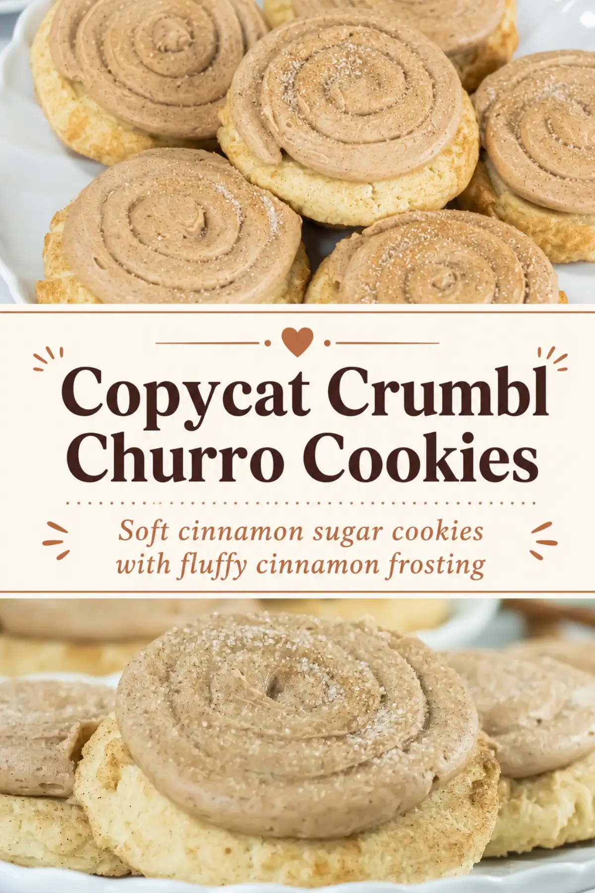 Copycat Crumbl churro cookies topped with swirled cinnamon frosting on a plate
