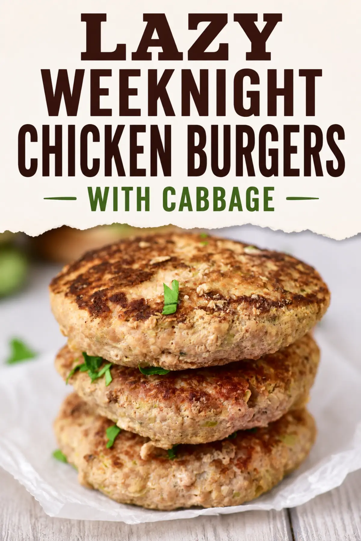 Lazy weeknight chicken burgers with cabbage—stack of pan-seared patties on parchment