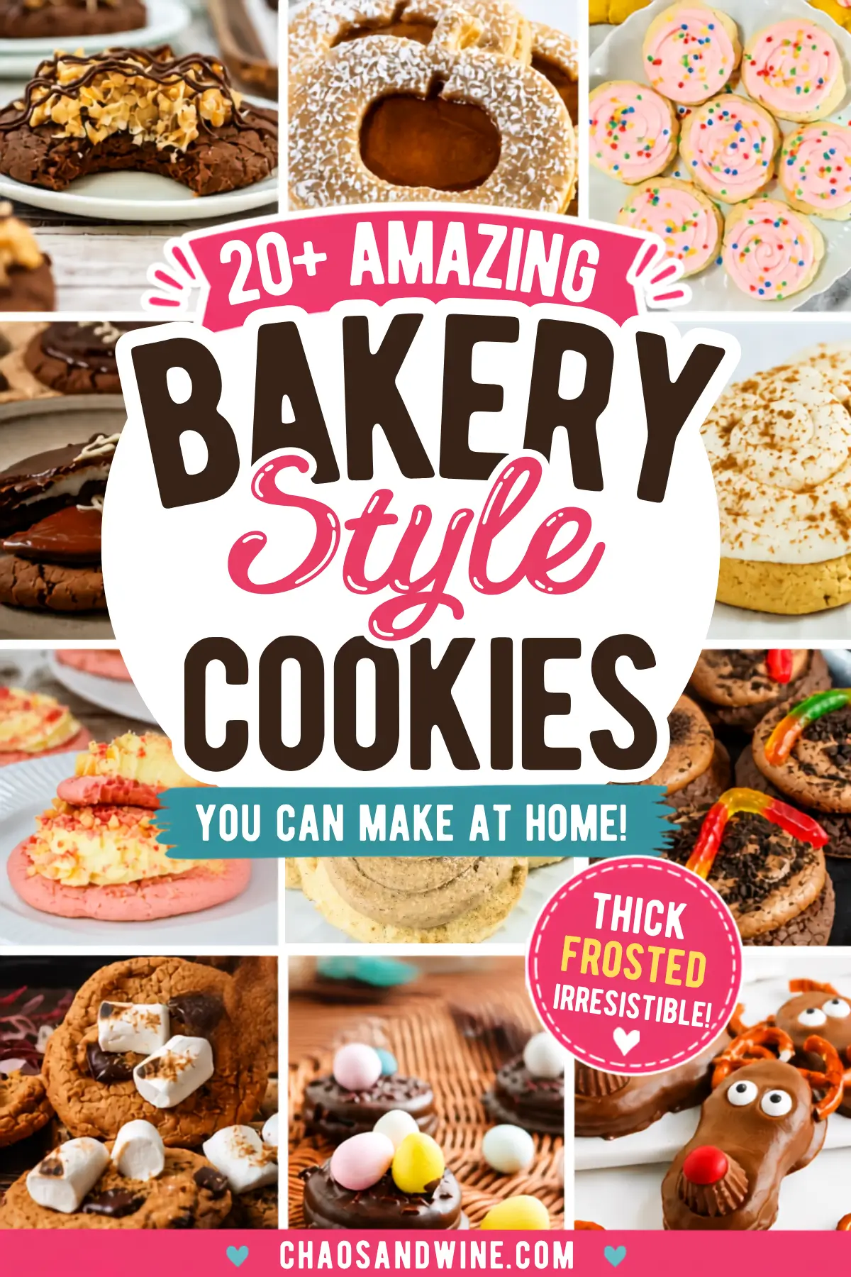 Collage of bakery-style cookies promoting 20+ homemade cookie recipes with thick, frosted treats.