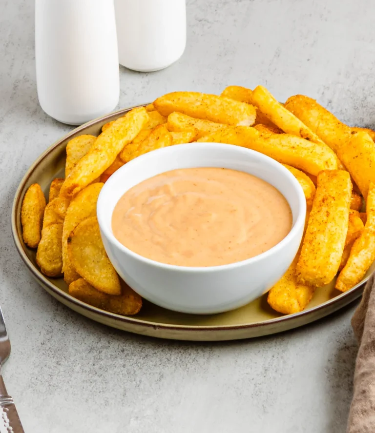 Copycat Red Robin campfire sauce in a white bowl surrounded by seasoned fries.