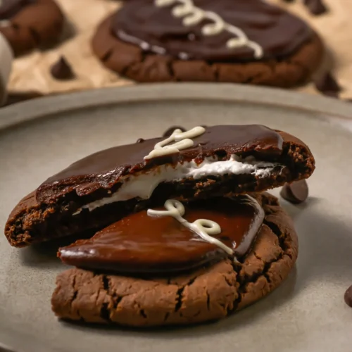 A chocolate mallow cupcake cookie cut open to show the marshmallow center.