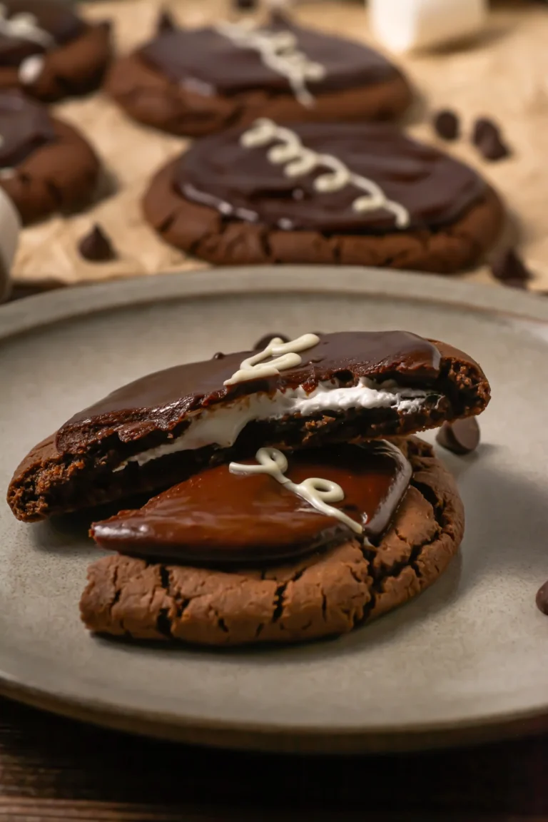 A chocolate mallow cupcake cookie cut open to show the marshmallow center.