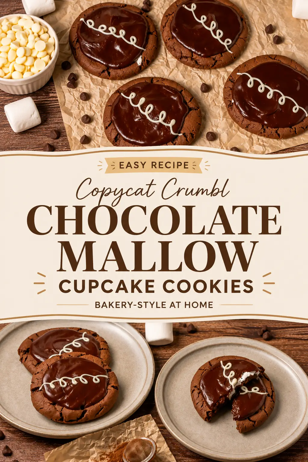 Copycat Crumbl chocolate mallow cupcake cookies with marshmallow filling and ganache