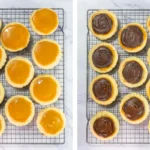 Crumbl Copycat Twix Cookies With Caramel and Toffee Caramel spread over cooled cookies beside melted chocolate spread over the caramel layer.